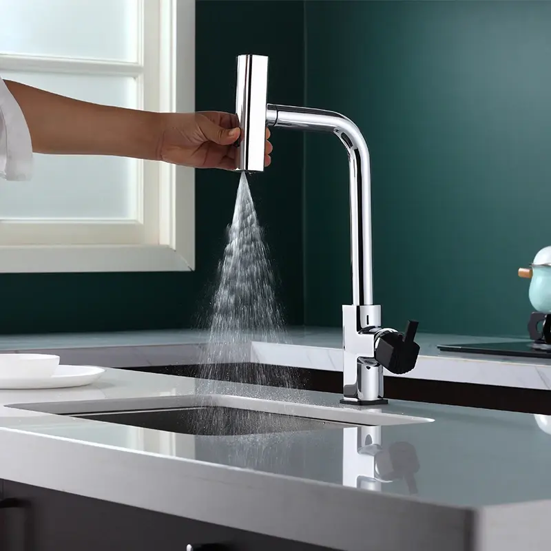 Brass Pull Out Spring Kitchen Faucet